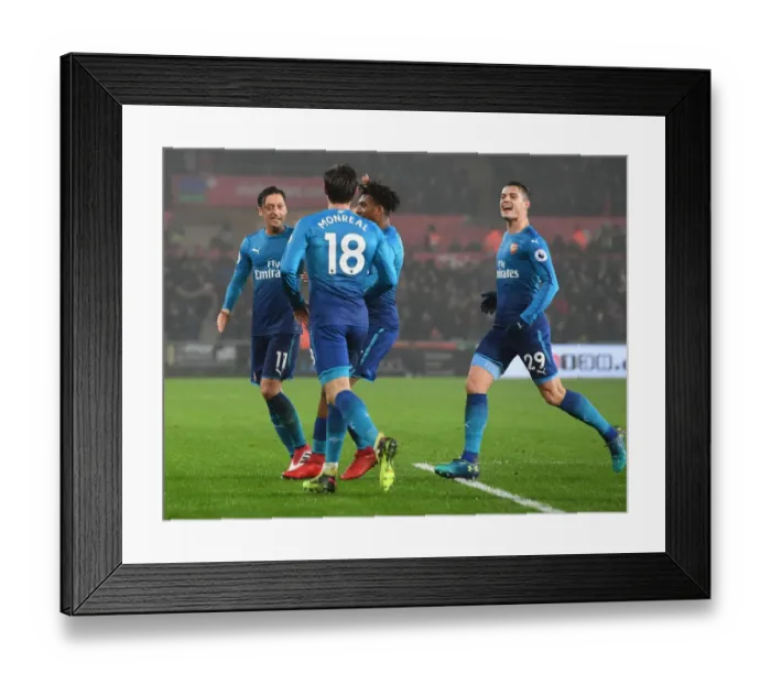 Framed Print : Monreal, Ozil, Iwobi, and Xhaka Celebrate Goal: Swansea City vs. Arsenal (2017-18) Framed Print : Monreal, Ozil, Iwobi, and Xhaka Celebrate Goal: Swansea City vs. Arsenal (2017-18)