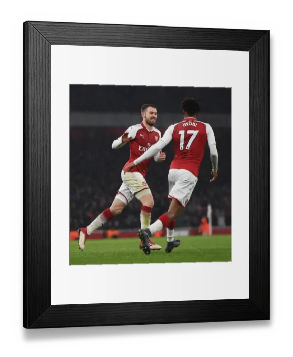 Framed Print : Aaron Ramsey and Alex Iwobi Celebrate Goals: Arsenal's Triumph Over Everton (2017-18)