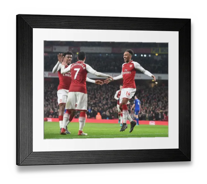 Framed Print : Arsenal's Unstoppable Trio: Aubameyang, Iwobi, and Mkhitaryan's Euphoric Goal Celebration vs. Everton