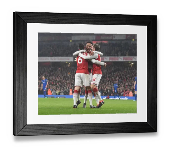 Framed Print : Fourth Goal Celebration: Aubameyang, Koscielny, Monreal (Arsenal vs. Everton, 2017-18)