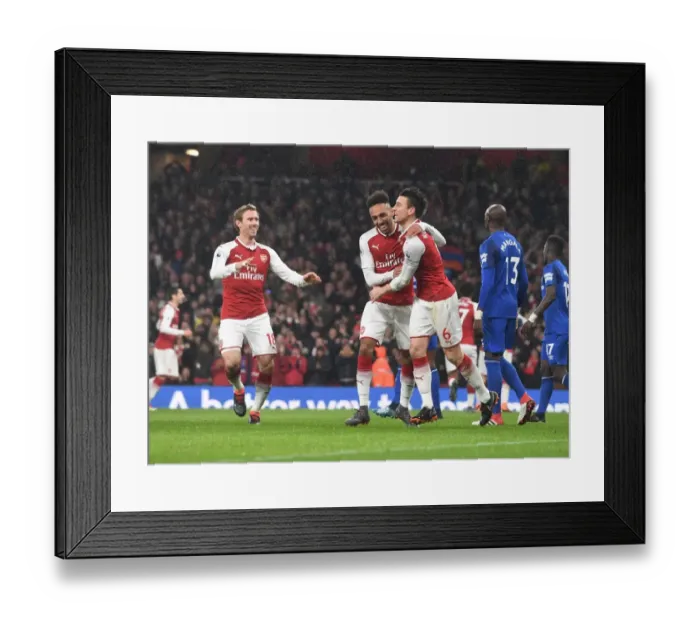 Framed Print : Arsenal's Koscielny, Aubameyang, and Monreal Celebrate Goal Against Everton (2017-18) Framed Print : Arsenal's Koscielny, Aubameyang, and Monreal Celebrate Goal Against Everton (2017-18)