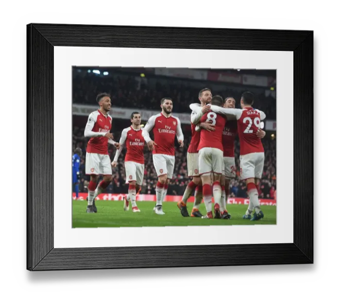 Framed Print : Arsenal's Five-Goal Blitz: Ramsey, Xhaka, Bellerin, Mustafi, Kolasinac, and Aubameyang Celebrate Against Everton (2017-18)