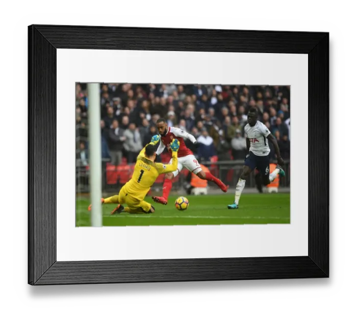 Framed Print : Lacazette vs. Lloris: Intense Moment at the Wembley Stadium - Premier League Showdown