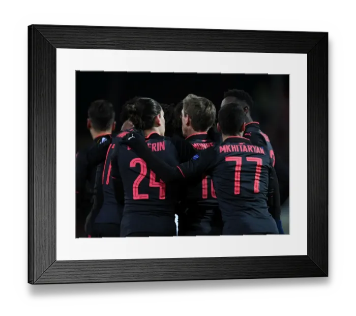 Framed Print : Monreal, Mkhitaryan, and Bellerin Celebrate Arsenal's First Goal Against Ostersunds FK Framed Print : Monreal, Mkhitaryan, and Bellerin Celebrate Arsenal's First Goal Against Ostersunds FK
