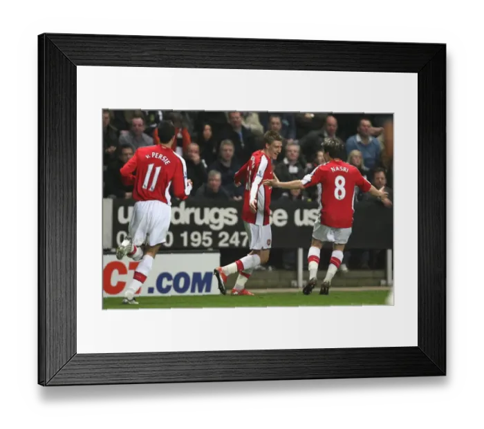 Framed Print : Triumphant Threesome: Bendtner, Van Persie, Nasri Celebrate First Arsenal Goal Against Newcastle (2009) Framed Print : Triumphant Threesome: Bendtner, Van Persie, Nasri Celebrate First Arsenal Goal Against Newcastle (2009)