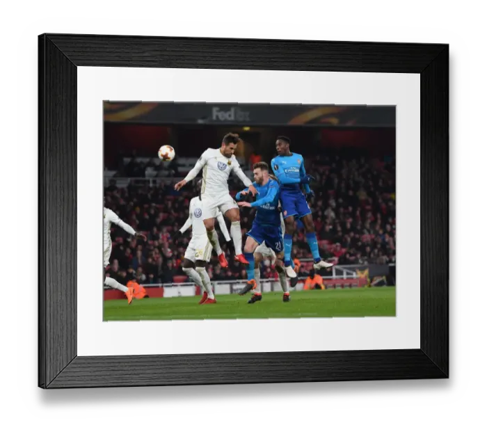 Framed Print : Arsenal vs Östersunds FK: Intense Aerial Battle Between Danny Welbeck and Sotirios Papagiannopoulos, Calum Chambers Framed Print : Arsenal vs Östersunds FK: Intense Aerial Battle Between Danny Welbeck and Sotirios Papagiannopoulos, Calum Chambers