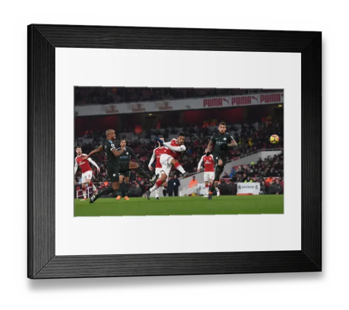 Framed Print : Aubameyang vs. Otamendi and Kompany: Intense Moment from Arsenal vs. Manchester City, Premier League 2017-18