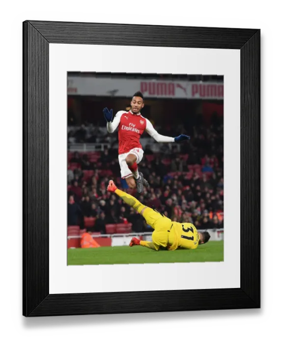 Framed Print : Aubameyang Leaps Over Ederson: Arsenal vs Manchester City, Premier League 2017-18