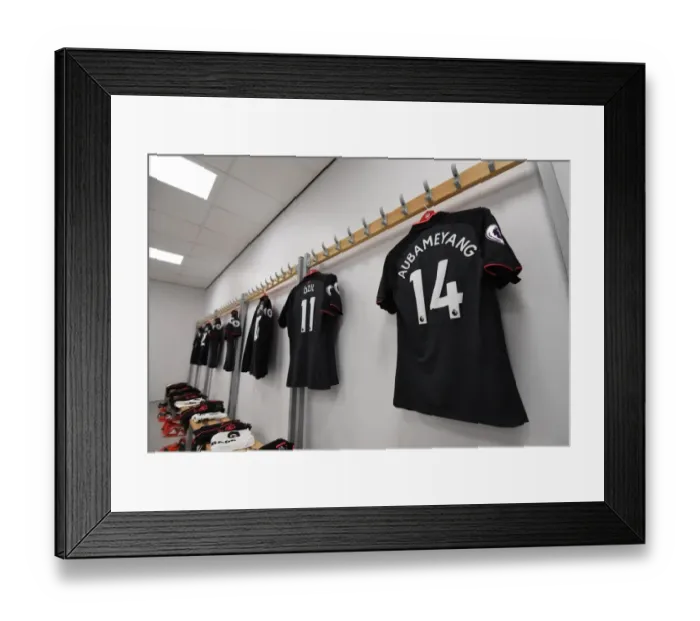 Framed Print : Pierre-Emerick Aubameyang's Arsenal Shirt in Arsenal Changing Room Before Brighton & Hove Albion Match (2017-18)