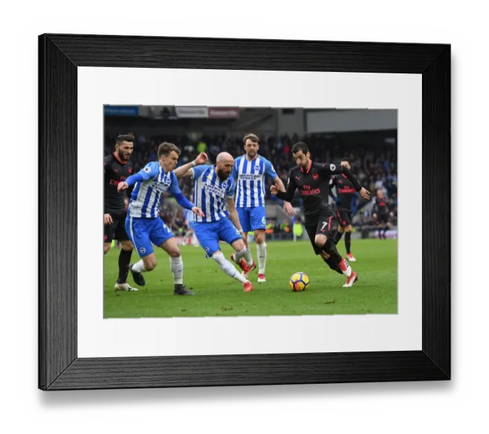 Framed Print : Mkhitaryan Charges Past Bruno and Solly March: Brighton vs. Arsenal, Premier League 2017-18