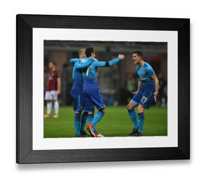 Framed Print : Mkhitaryan, Wilshere, and Xhaka: Celebrating Arsenal's First Goal Against AC Milan in Europa League Framed Print : Mkhitaryan, Wilshere, and Xhaka: Celebrating Arsenal's First Goal Against AC Milan in Europa League