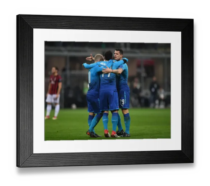 Framed Print : Arsenal's Mkhitaryan, Wilshere, and Xhaka Celebrate Goal Against AC Milan in Europa League