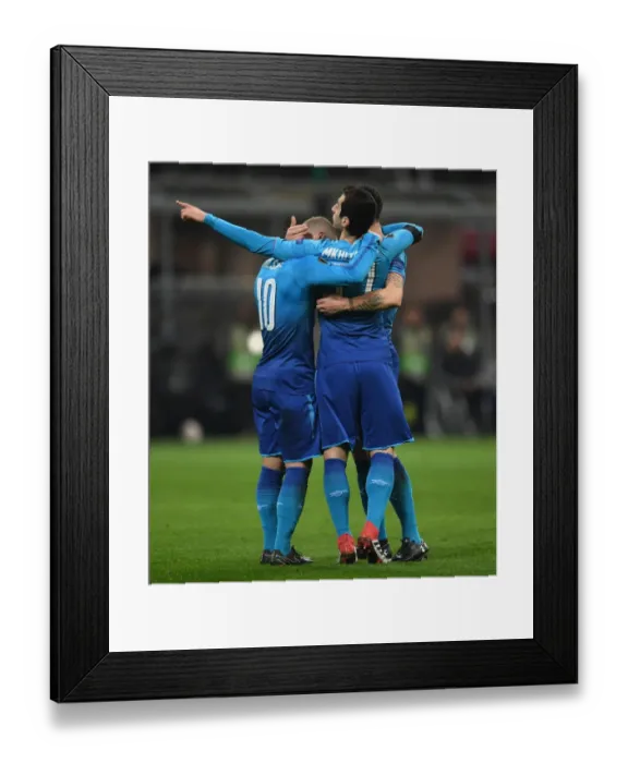 Framed Print : Mkhitaryan, Wilshere, Xhaka: Arsenal's Goal Celebration in AC Milan's San Siro