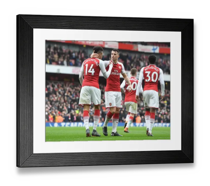 Framed Print : Arsenal Celebrate: Aubameyang and Xhaka Score against Watford (2017-18)