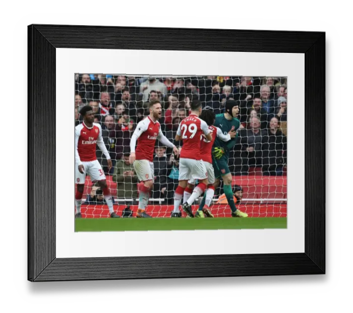 Framed Print : Arsenal's Defenders and Goalkeeper Celebrate Cech's Penalty Save vs. Watford (2017-18)