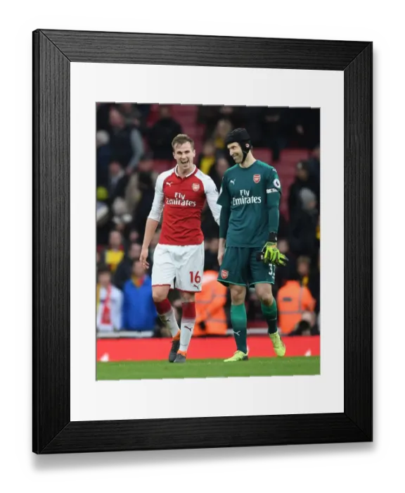 Framed Print : Arsenal's Holding and Cech: Celebrating Premier League Victory over Watford (2017-18) Framed Print : Arsenal's Holding and Cech: Celebrating Premier League Victory over Watford (2017-18)