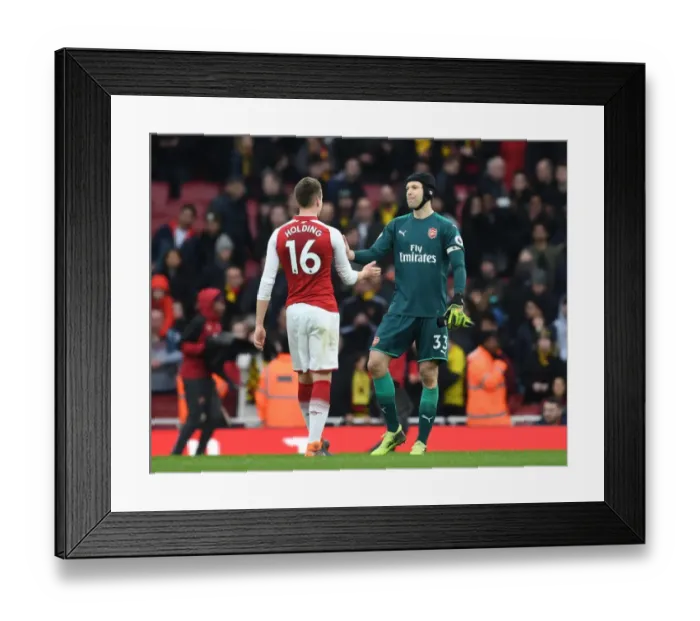 Framed Print : Arsenal's Holding and Cech: Celebrating Victory over Watford, Premier League 2017-18