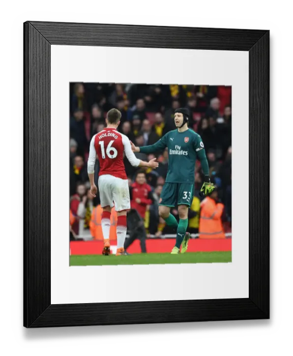 Framed Print : Arsenal's Holding and Cech: Savoring Victory Over Watford in the Premier League, 2017-18
