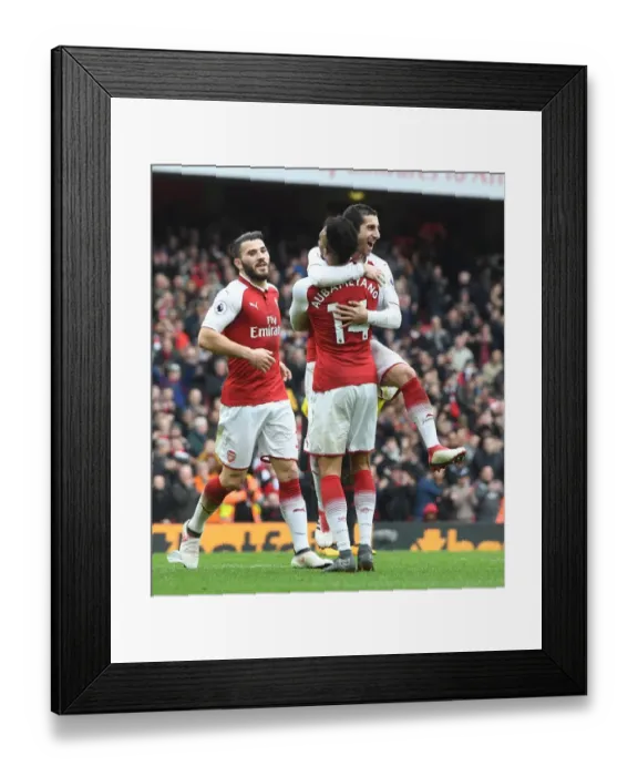 Framed Print : Arsenal's Mkhitaryan, Kolasinac, and Aubameyang Celebrate Goals Against Watford Framed Print : Arsenal's Mkhitaryan, Kolasinac, and Aubameyang Celebrate Goals Against Watford