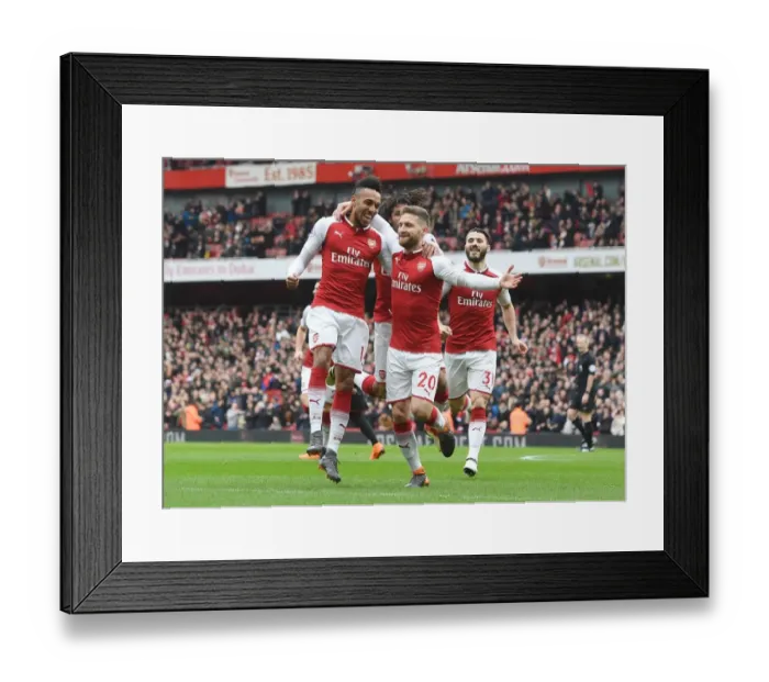Framed Print : Mustafi and Aubameyang Celebrate Arsenal's First Goal Against Watford (2017-18)