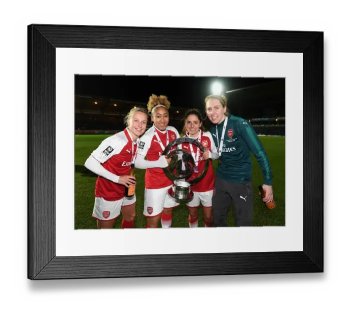 Framed Print : Arsenal Women's Continental Cup Victory: Beth Mead, Danielle van de Donk, Lauren James, and Anna Moorhouse Celebrate with the Trophy