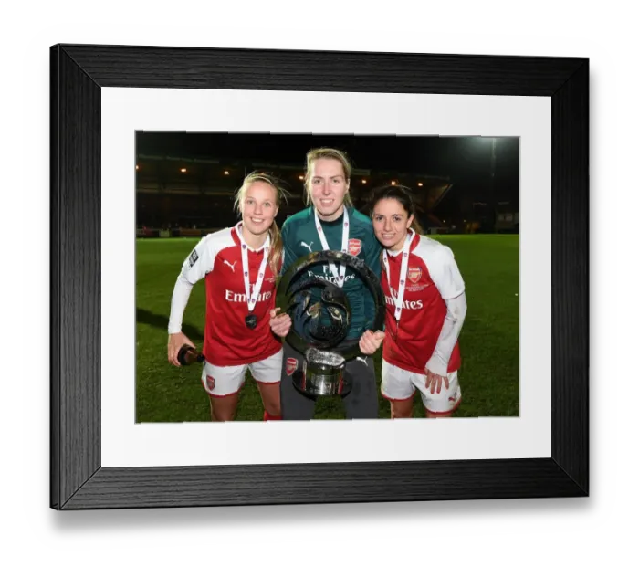 Framed Print : Arsenal Women's Continental Cup Triumph: Van de Donk, Mead, and Moorhouse Celebrate with the Trophy