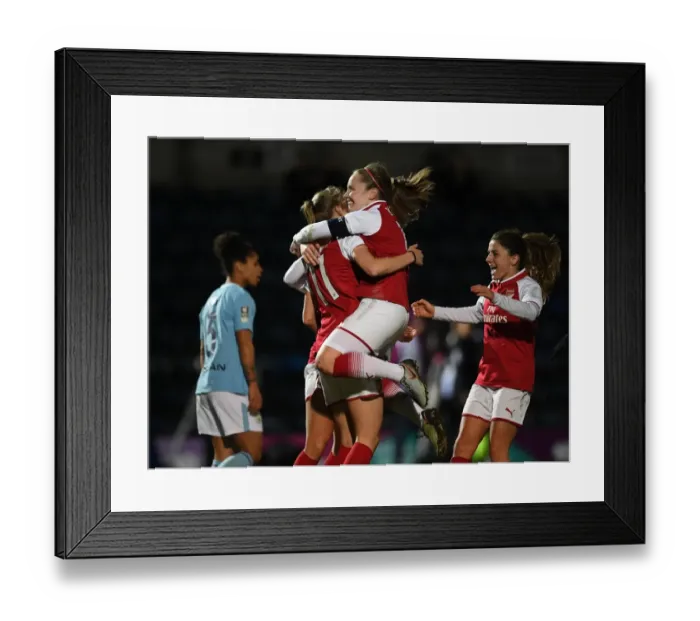 Framed Print : Arsenal Women's Continental Cup Final: Miedema, Little, and van de Donk Celebrate Goal Against Manchester City