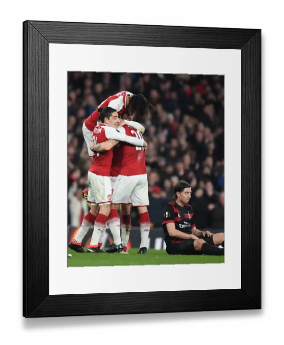 Framed Print : Arsenal's Xhaka, Elneny, Bellerin, and Ramsey Celebrate Europa League Goals Against AC Milan Framed Print : Arsenal's Xhaka, Elneny, Bellerin, and Ramsey Celebrate Europa League Goals Against AC Milan