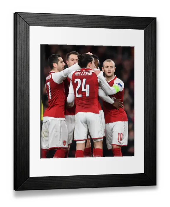Framed Print : Arsenal's Danny Welbeck, Henrikh Mkhitaryan, and Jack Wilshere Celebrate Goal vs AC Milan in Europa League