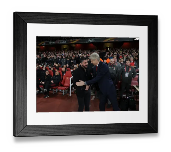 Framed Print : Arsene Wenger and Gennaro Gattuso: A Pre-Match Handshake Before Arsenal vs. AC Milan, UEFA Europa League (2018)