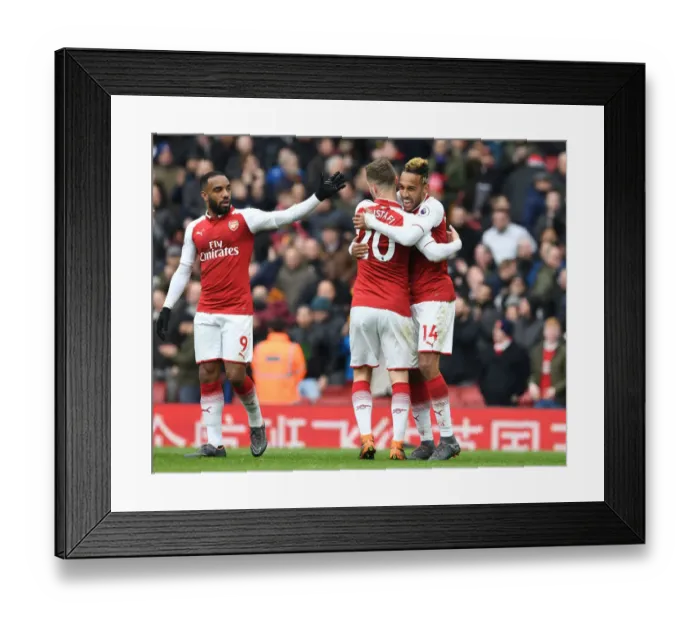 Framed Print : Arsenal Celebrate: Aubameyang, Mustafi, Lacazette's Goal Scoring Moment vs Stoke City (2017-18)