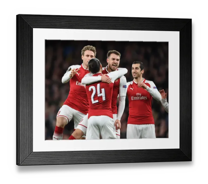 Framed Print : Arsenal Celebrate Ramsey's Europa League Goal: Monreal, Bellerin, Mkhitaryan (2018)