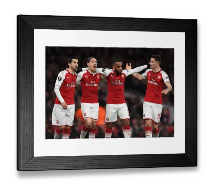 Framed Print : Arsenal's Lacazette, Mkhitaryan, Bellerin, and Xhaka: Celebrating Their Goals Against CSKA Moscow in Europa League Quarterfinal