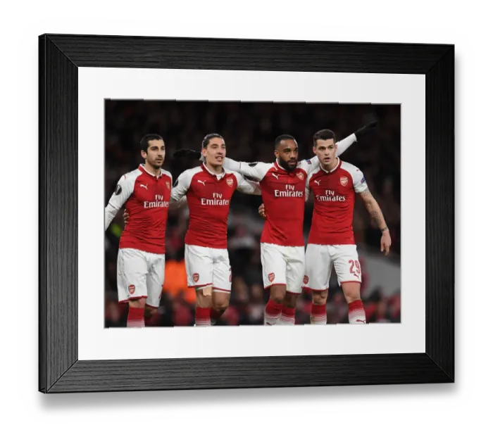 Framed Print : Arsenal's Lacazette, Mkhitaryan, Bellerin, and Xhaka: Celebrating Four Goals Against CSKA Moscow in Europa League Quarterfinal