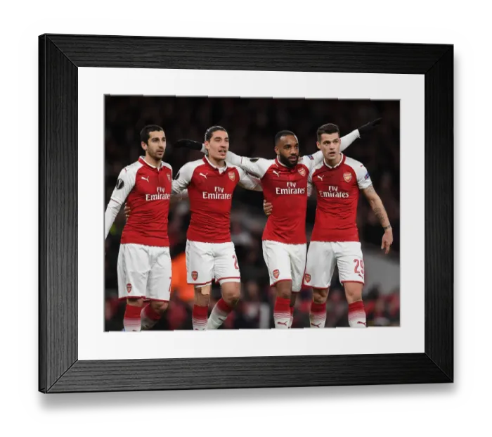 Framed Print : Arsenal's Lacazette, Mkhitaryan, Bellerin, and Xhaka Celebrate Double Goals Against CSKA Moscow in Europa League Quarterfinal