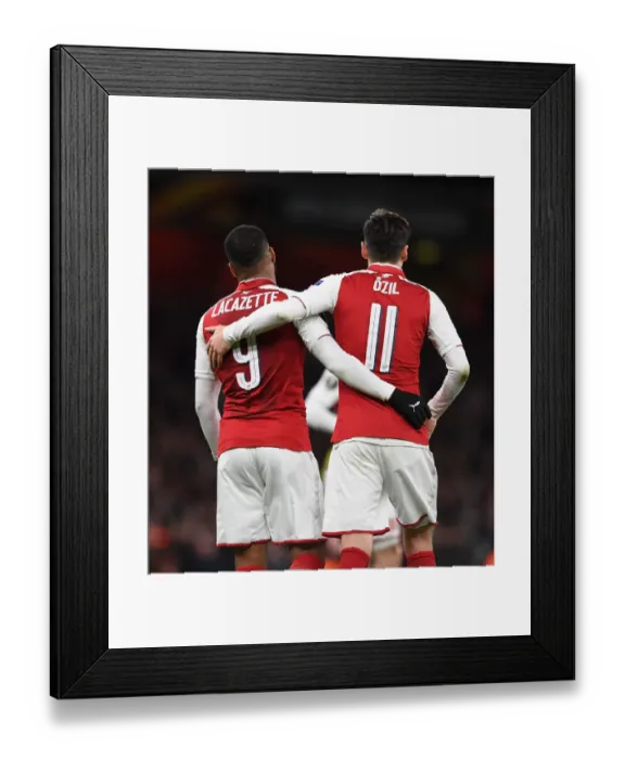 Framed Print : Arsenal's Lacazette and Ozil Celebrate Goals Against CSKA Moscow in Europa League Quarterfinal