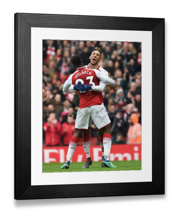 Framed Print : Arsenal Forwards Aubameyang and Welbeck Celebrate First Goal Against Southampton (2017-18)