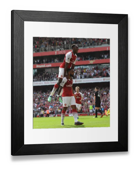 Framed Print : Alexandre Lacazette and Danny Welbeck Celebrate Goal: Arsenal's Triumph Over West Ham United, Premier League 2017-18