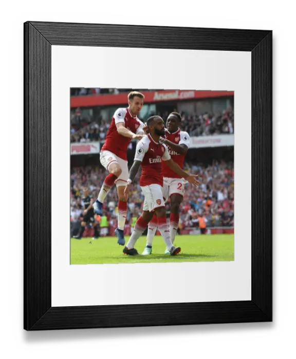 Framed Print : Arsenal's Lacazette, Welbeck, and Ramsey Celebrate Goals Against West Ham Framed Print : Arsenal's Lacazette, Welbeck, and Ramsey Celebrate Goals Against West Ham