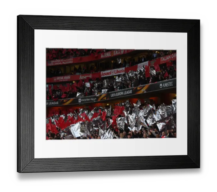 Framed Print : Arsenal Fans Unite: Waving Flags in Europa League Semi-Final Battle against Atletico Madrid Framed Print : Arsenal Fans Unite: Waving Flags in Europa League Semi-Final Battle against Atletico Madrid