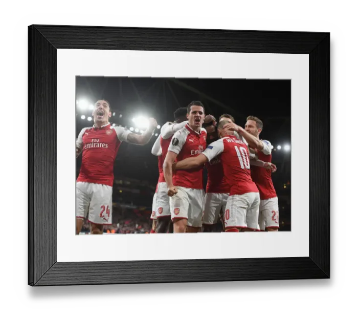 Framed Print : Arsenal Celebrate Goal: Bellerin and Xhaka vs Atletico Madrid, UEFA Europa League Semi-Final