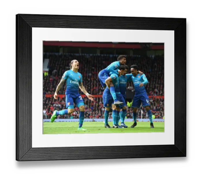 Framed Print : Arsenal's Mkhitaryan, Aubameyang, Xhaka, Iwobi, and Bellerin Celebrate Goal Against Manchester United