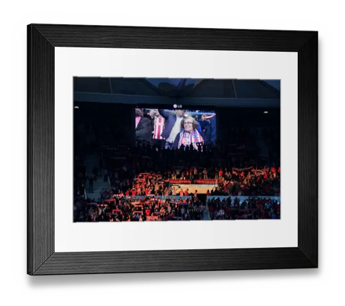 Framed Print : Maria on the big screen. Atletico Madrid 1: 0 Arsenal. Europe League Semi Final, 2nd Leg
