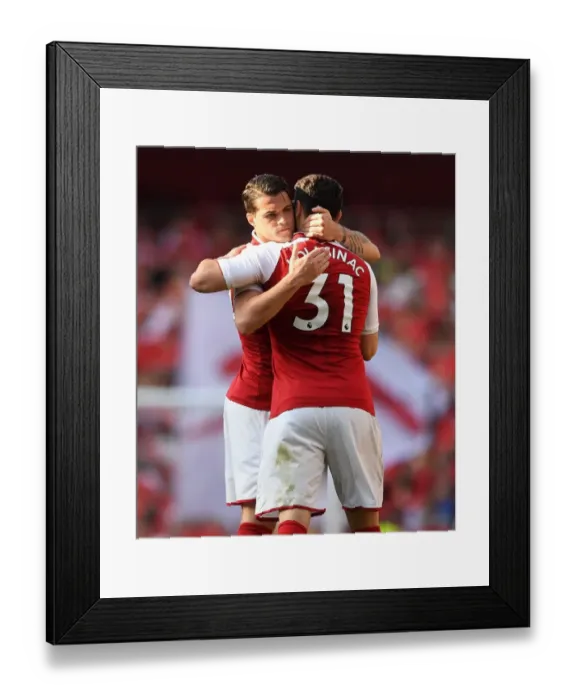 Framed Print : Arsenal's Kolasinac and Xhaka Celebrate Goal Against Burnley (2017-18)