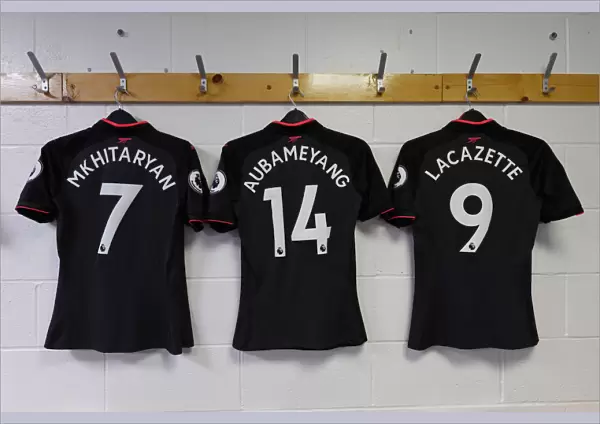 Arsenal's Mkhitaryan, Aubameyang, and Lacazette Jerseys in Arsenal Changing Room (Huddersfield Town v Arsenal, 2017-18)