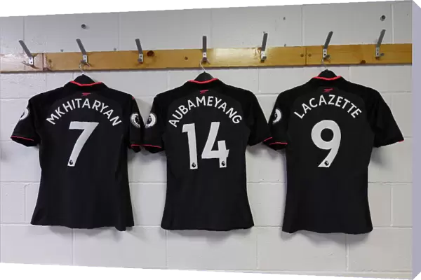 Arsenal's Mkhitaryan, Aubameyang, and Lacazette Jerseys in Arsenal Changing Room (Huddersfield Town v Arsenal, 2017-18)