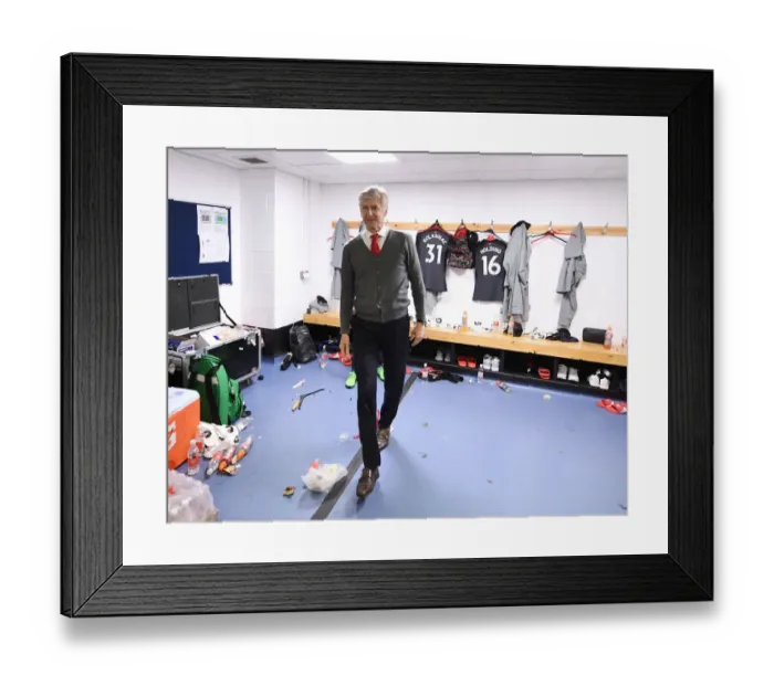 Framed Print : Arsene Wenger in Arsenal Changing Room After Huddersfield Match, 2017-18 Season