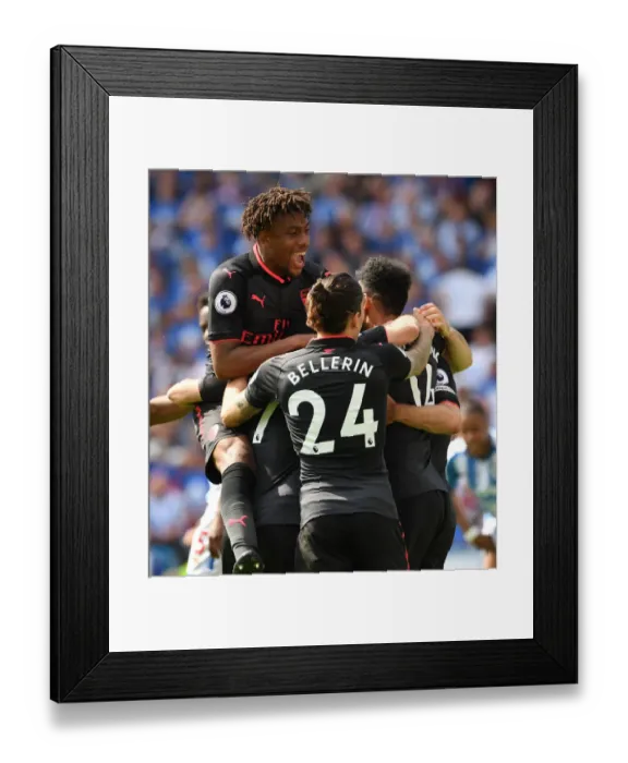 Framed Print : Arsenal's Aubameyang, Iwobi, and Bellerin Celebrate Goal Against Huddersfield Town Framed Print : Arsenal's Aubameyang, Iwobi, and Bellerin Celebrate Goal Against Huddersfield Town