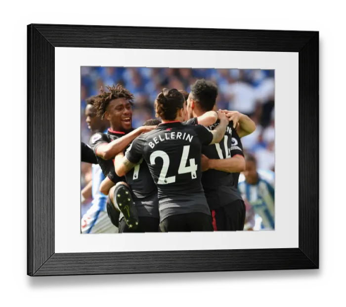 Framed Print : Arsenal's Unforgettable Moment: Aubameyang, Iwobi, and Bellerin Celebrate Goal vs. Huddersfield (2017-18)