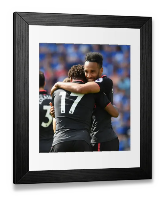 Framed Print : Aubameyang and Iwobi Celebrate Goal: Huddersfield Town vs. Arsenal, Premier League 2017-18
